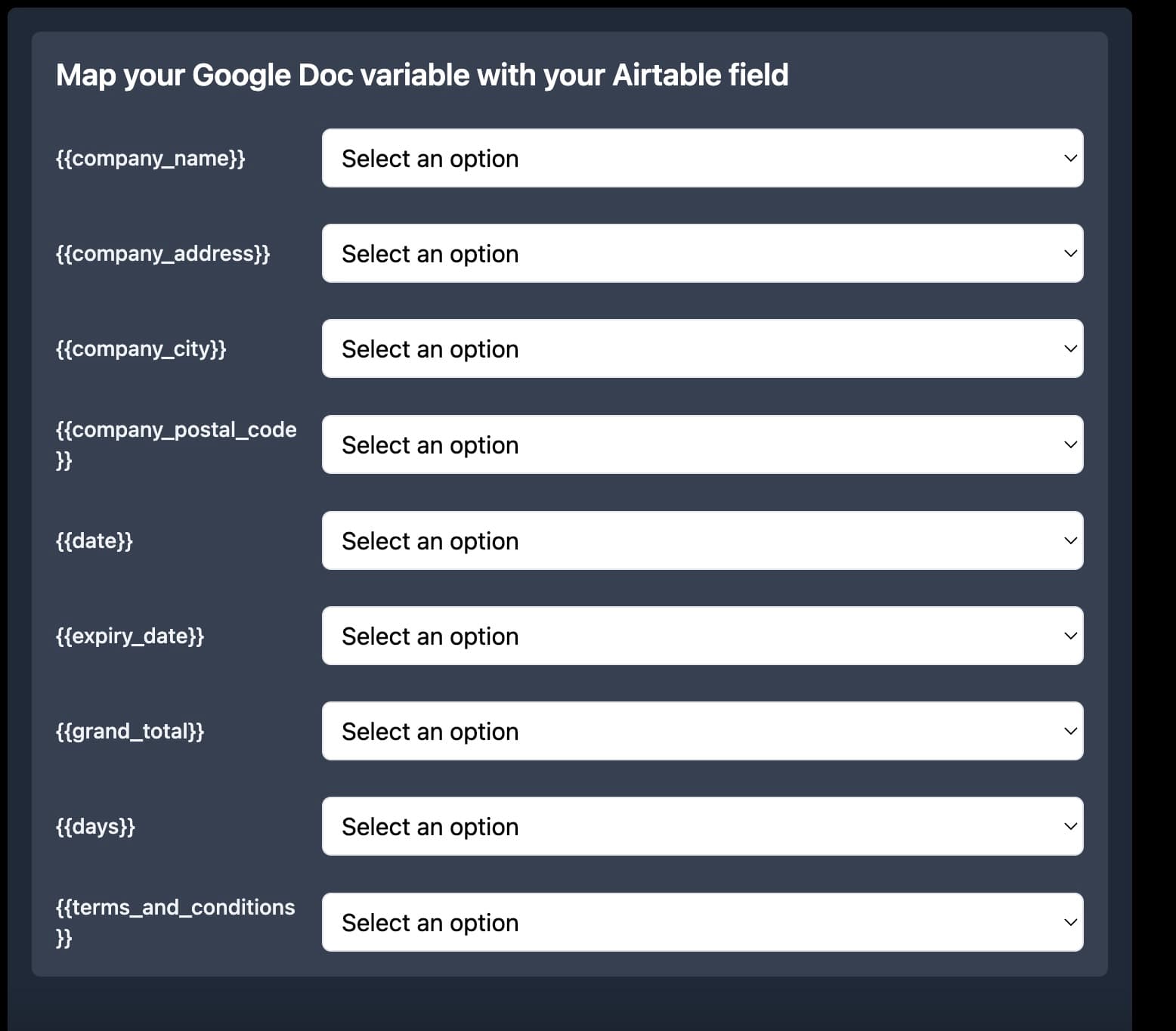 Do the mapping between Google Docs and Airtable fields