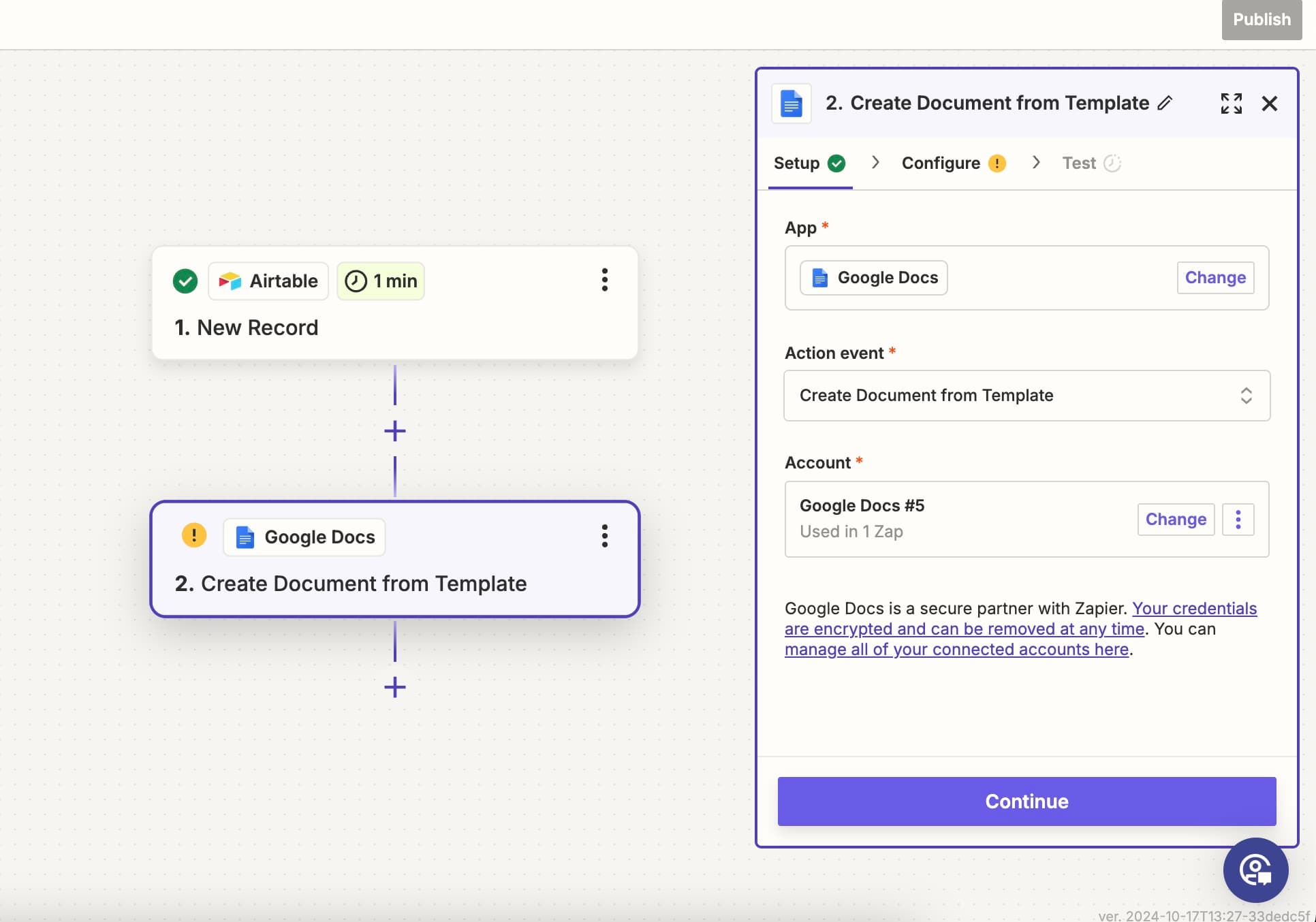 Select Google Docs as next step and select Create Doc from Template
