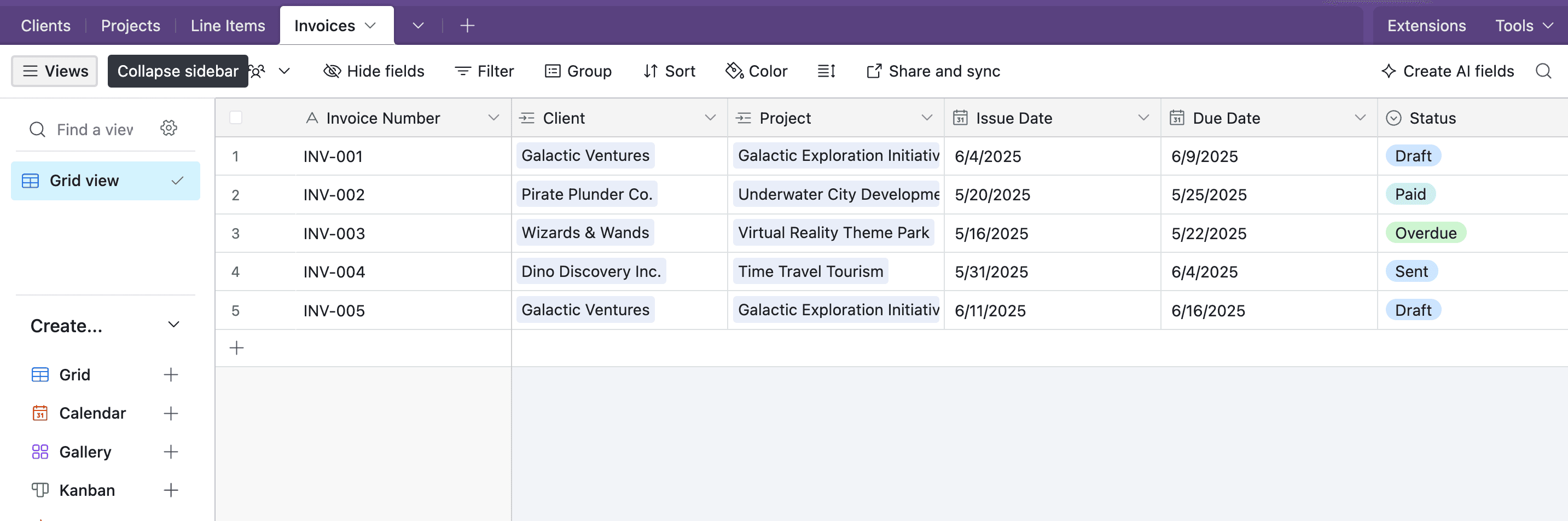 Invoices table in Airtable