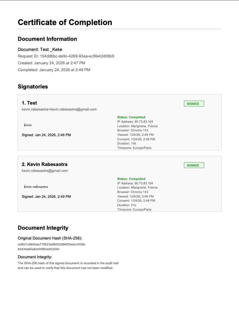 TypeFlow Certificate of Completion with audit trail