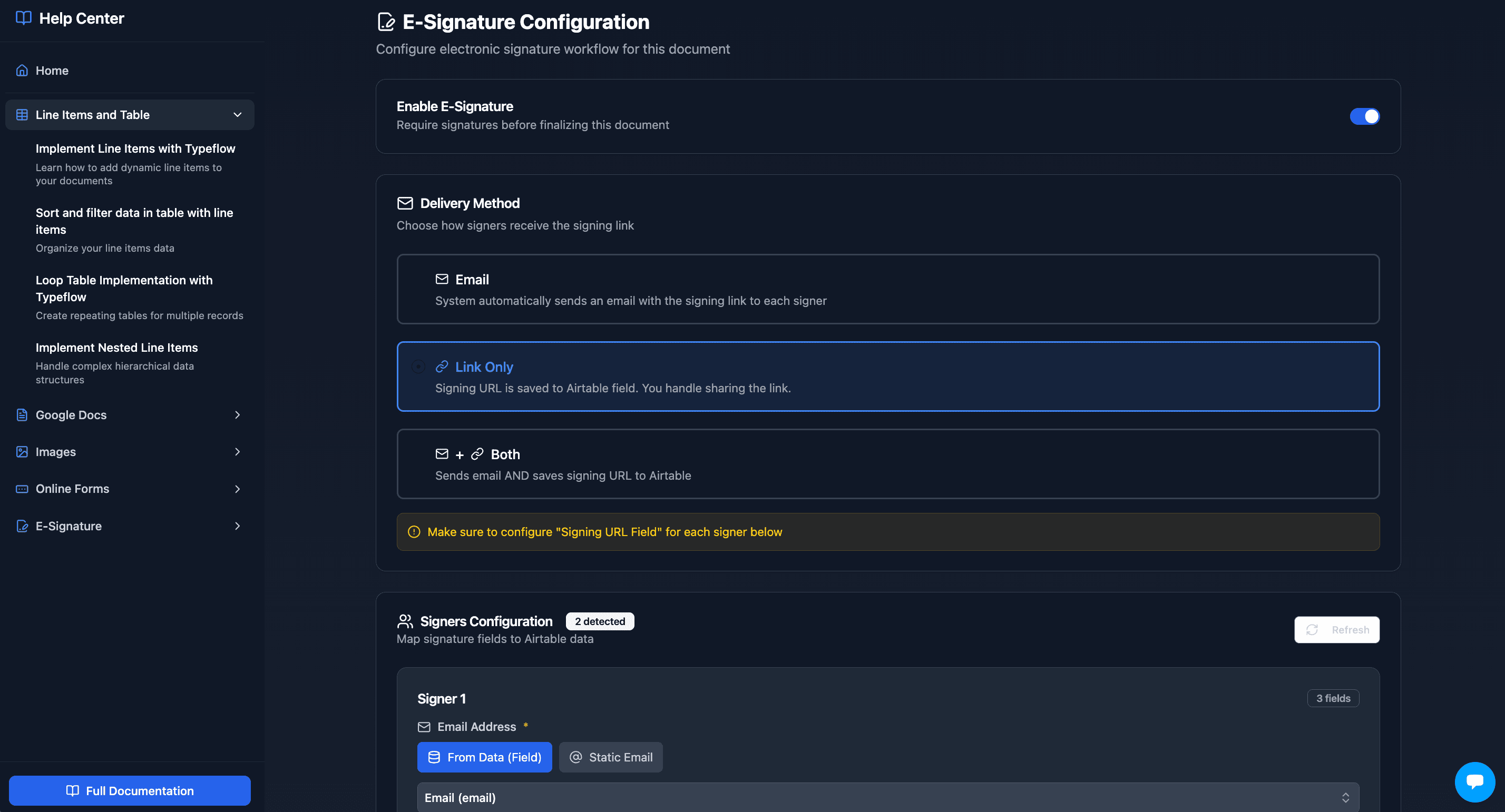 TypeFlow e-signature configuration interface