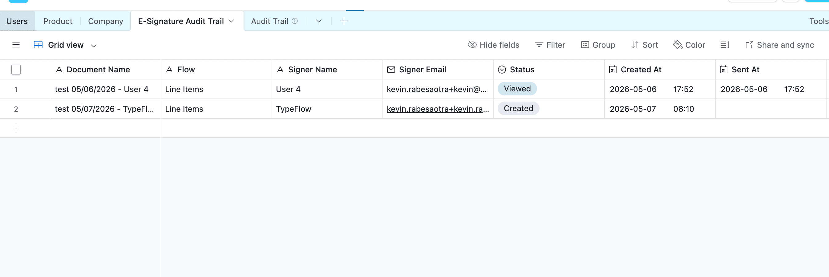 Airtable E-Signature Audit Trail table showing document name, flow, signer, status, and timestamps for each signature event