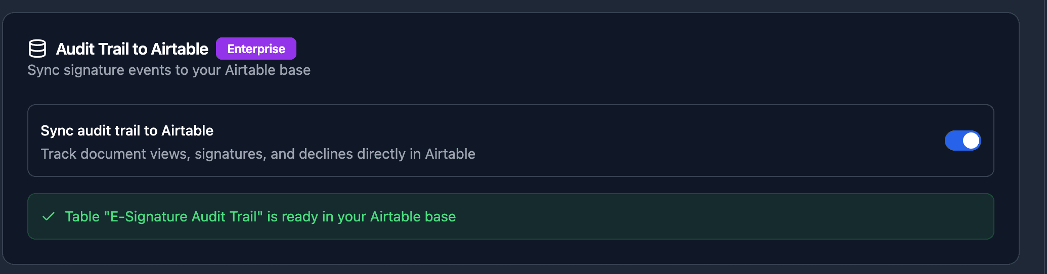 TypeFlow E-Signature Audit Trail toggle enabled with confirmation that the table is ready in Airtable