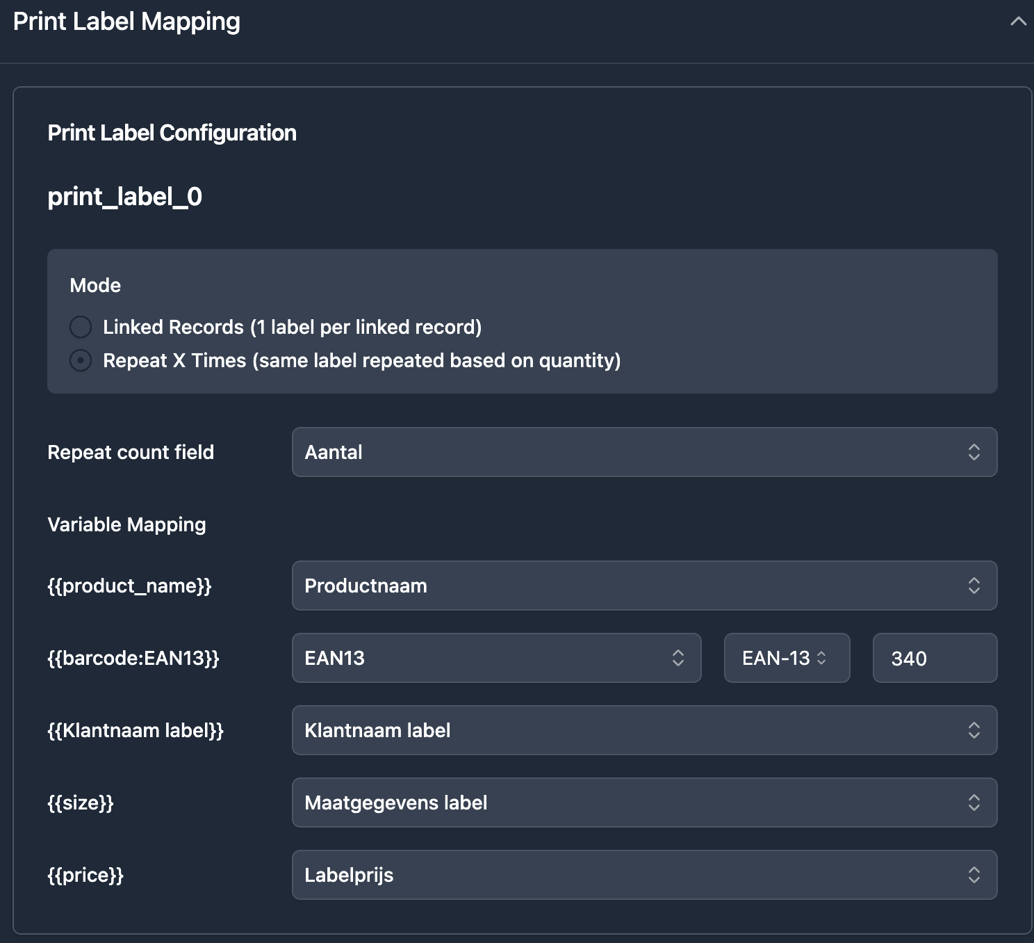 TypeFlow print label mode configuration showing rows and columns per page for quantity-based label printing