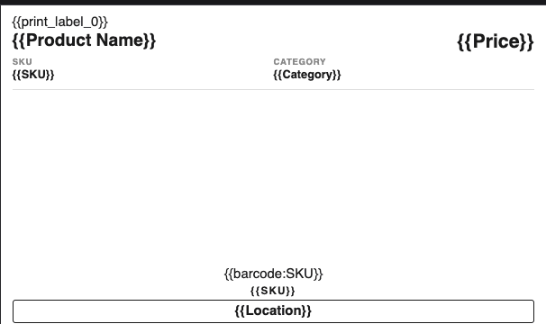 Label template in TypeFlow showing print_label_0 marker, product name, price, SKU, category, barcode, and location variables