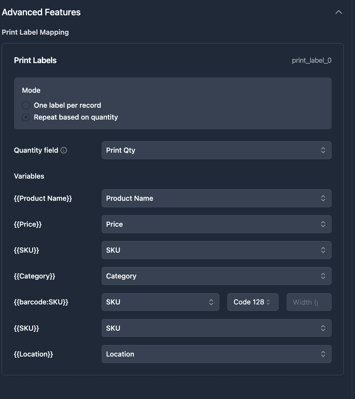 TypeFlow Print Label Mapping showing Repeat based on quantity mode with Print Qty field selected and variable mappings