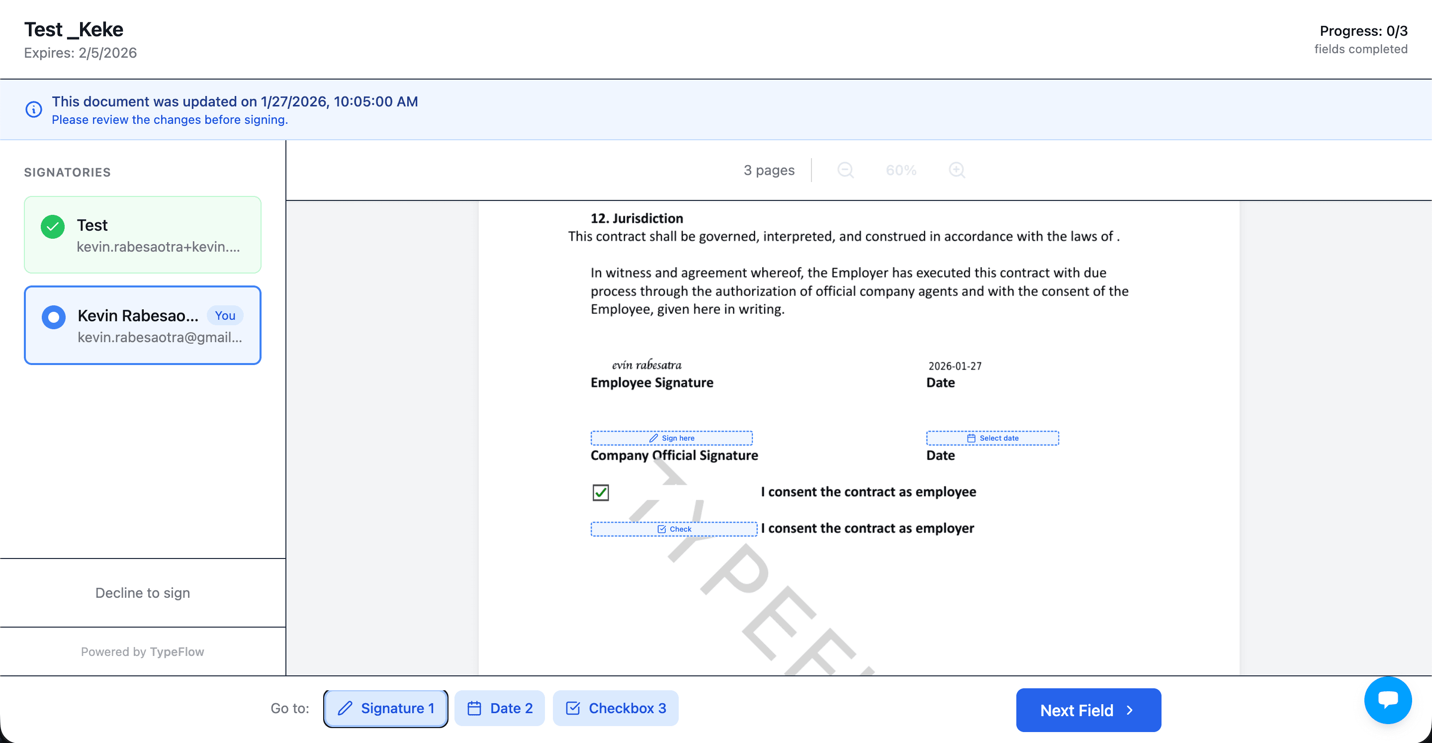 TypeFlow e-signature page