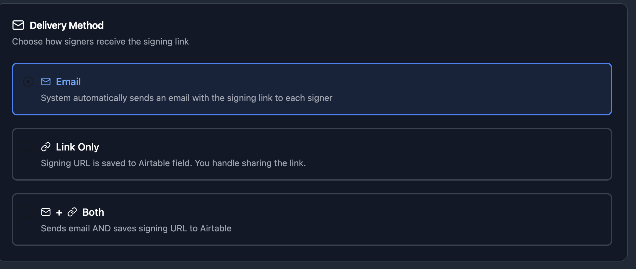TypeFlow Delivery Method options showing Email, Link Only, and Both choices for how signers receive the signing link