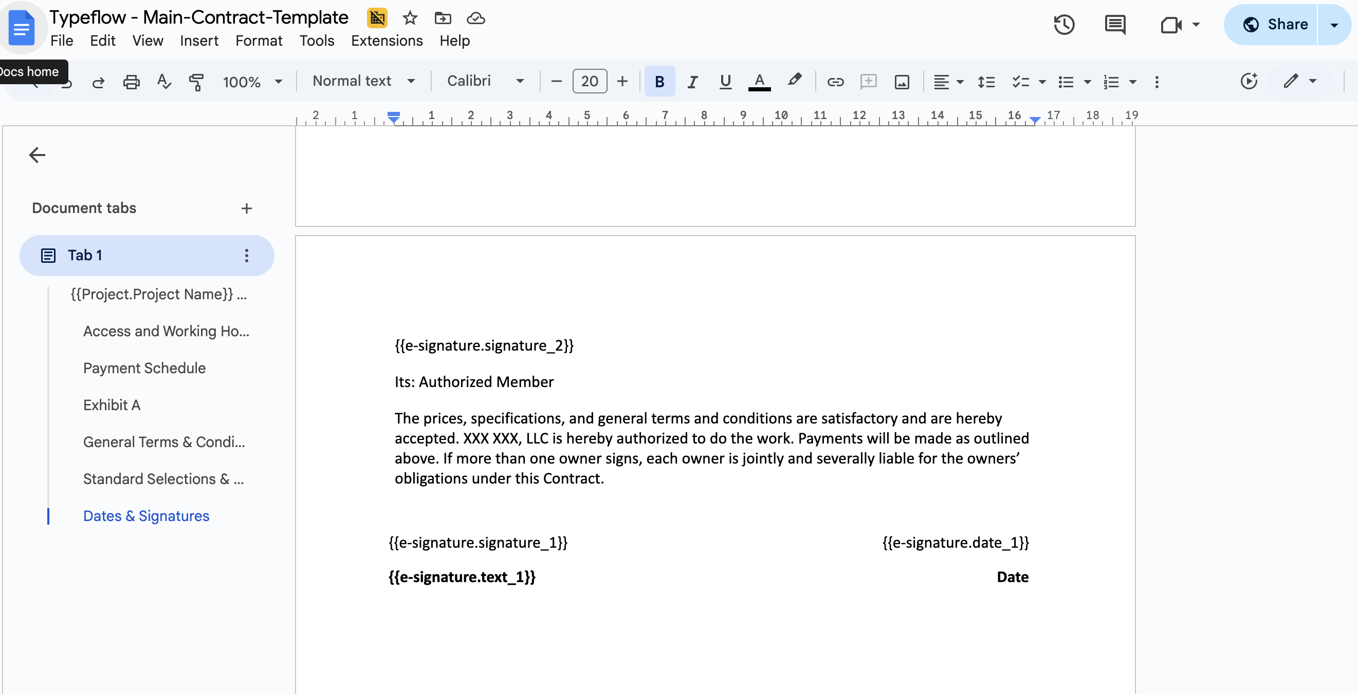 Google Docs contract template showing e-signature placeholders like signature_1, signature_2, text_1, and date_1 in the signature block