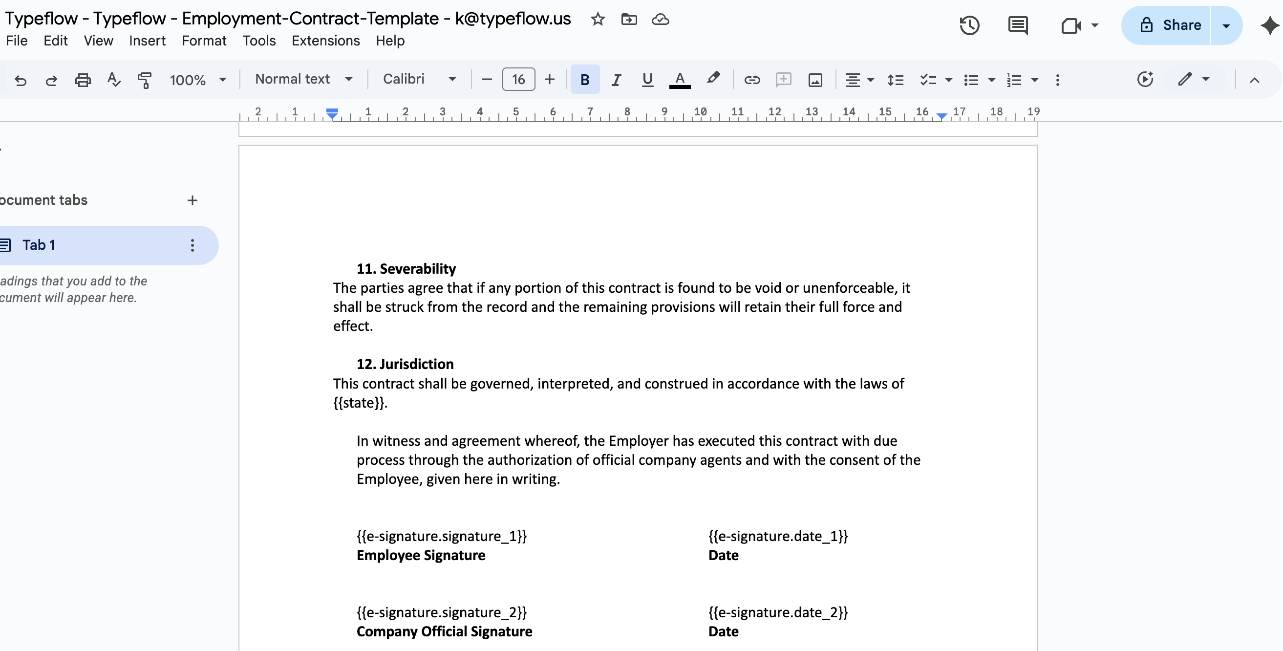 E-Signature placeholder syntax in document template
