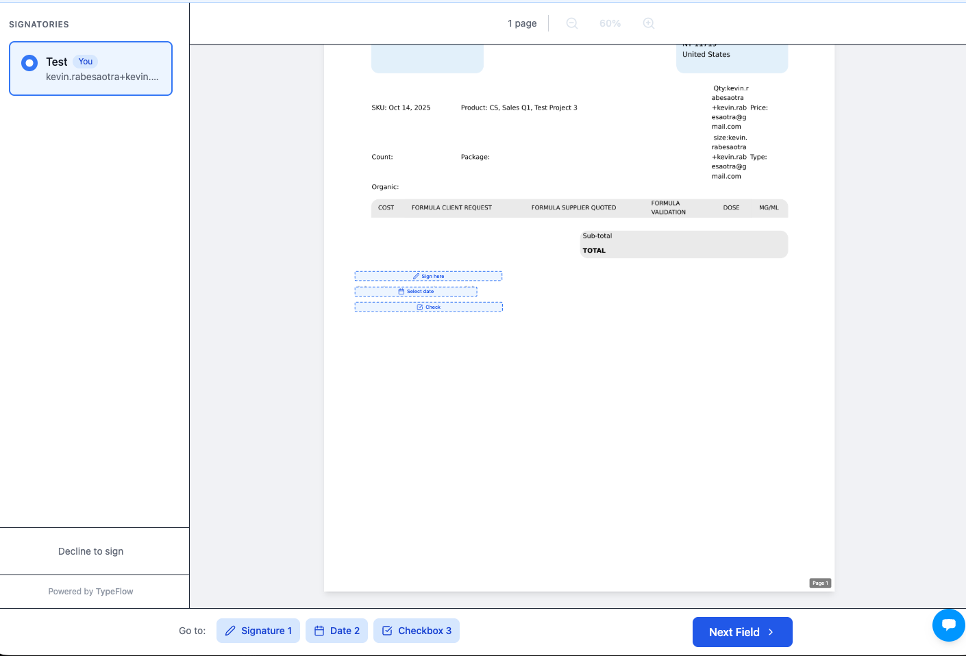 Signer document view with highlighted fields