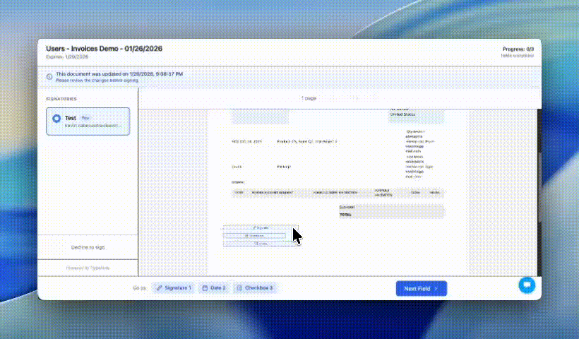Completing signature fields animation