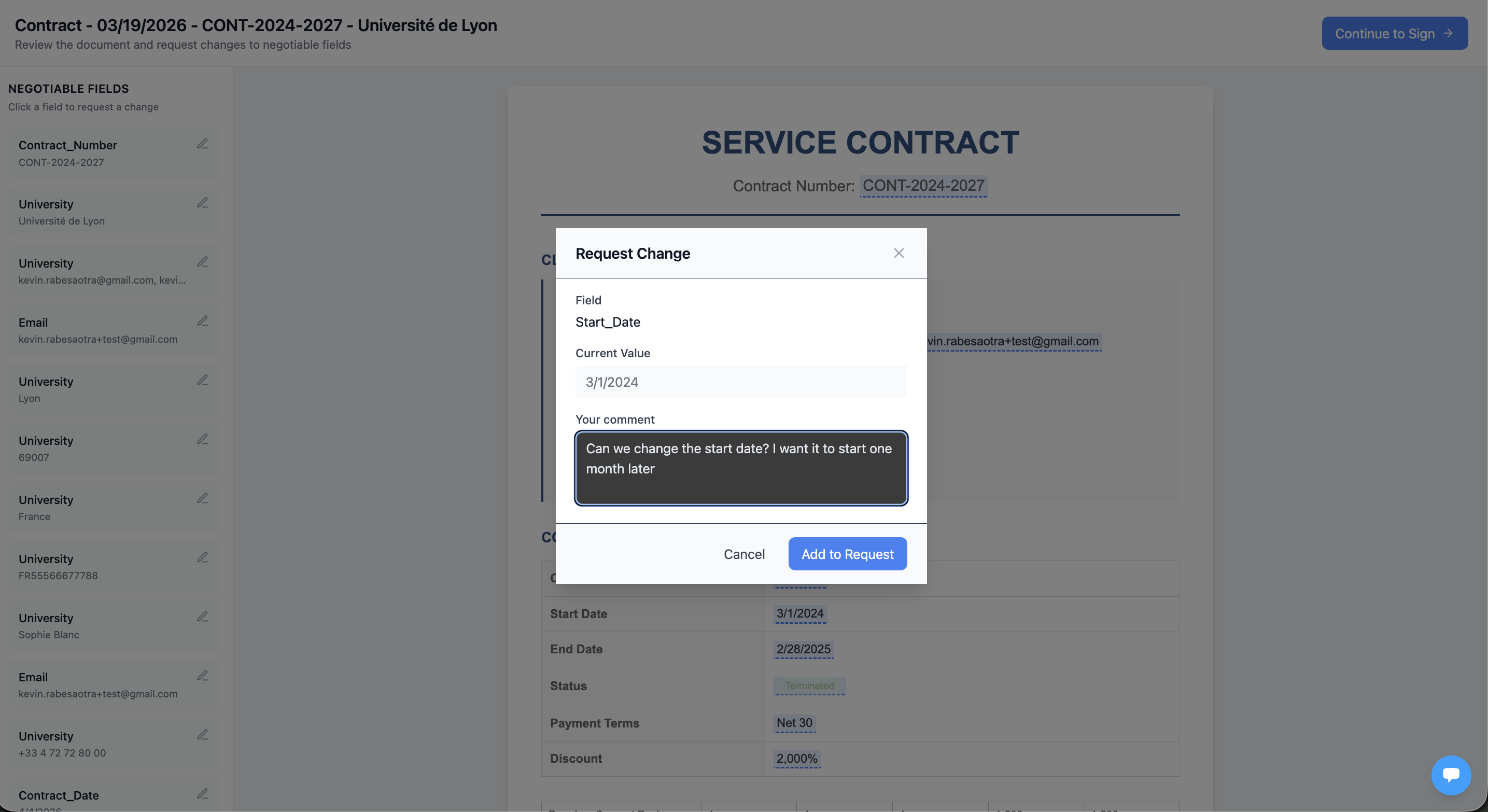 Signer requesting a change on a contract field