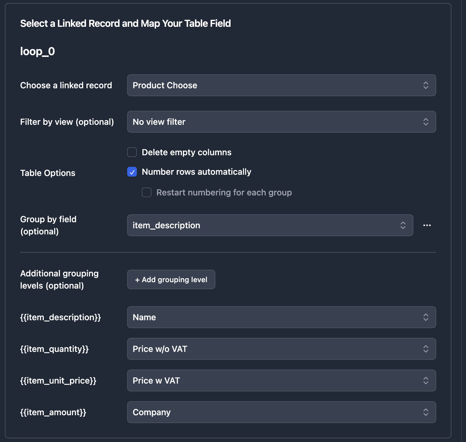 Auto-numbering with grouping configuration