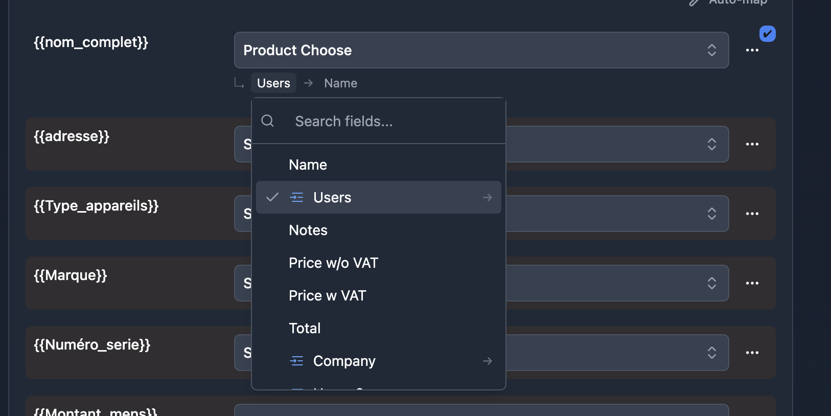 Inline linked field selector showing breadcrumb navigation